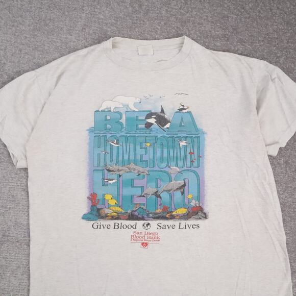 VTG 90s Ocean Whales Orcas Give Blood XL Gray Short Sleeve T-Shirt - Picture 5 of 9
